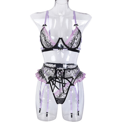 Ruffled Rabbit Flower Embroidery Complex Craft Hollow Out Underwear Three Piece Set