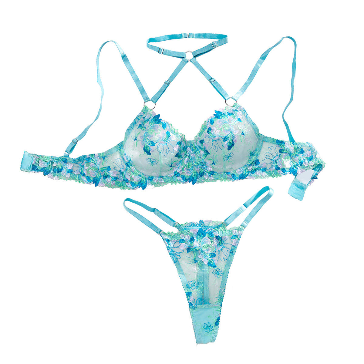 Floral Embroidery See-through Strap Underwear Suit
