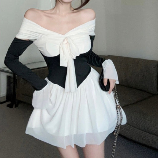 Womens Court-Style Off-the-Shoulder Flared-Sleeve Dress