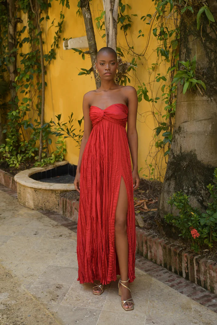 Split Hem Pleated Off Shoulder Mid Length Dress