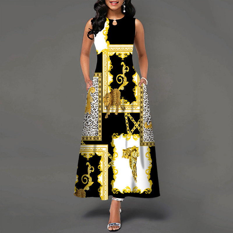 Womens Printed Crew-Neck Sleeveless Tank Dress