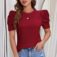 Casual Solid Color Puff Sleeve Solid Round Neck T-shirt