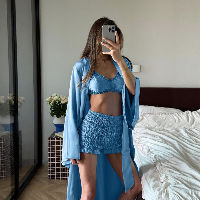 Pleated Satin Casual And Comfortable Suspender Underwear Shorts Cardigan Pajamas Home Wear Three-piece Set