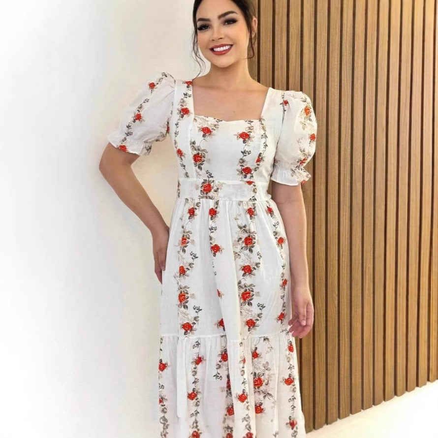 Long Luxurious Short Sleeve Printed Dress