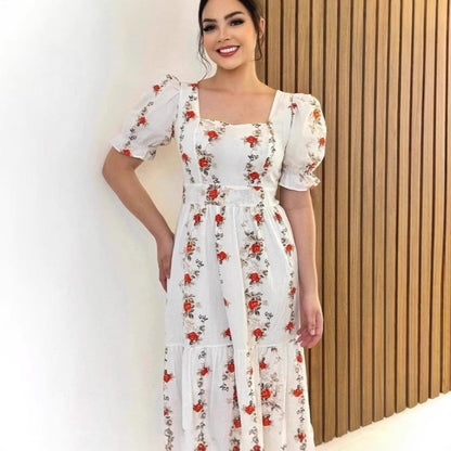 Long Luxurious Short Sleeve Printed Dress