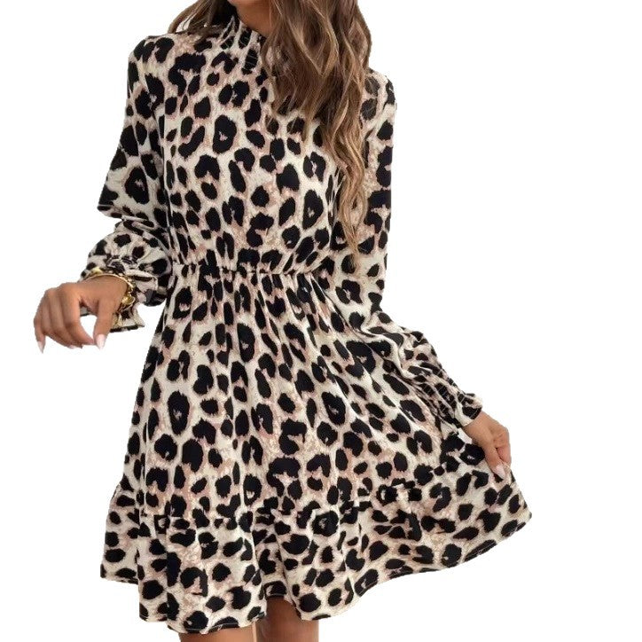 Leopard-print Cuff And Collar Ruched Waist Long-sleeve Dress