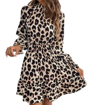 Leopard-print Cuff And Collar Ruched Waist Long-sleeve Dress