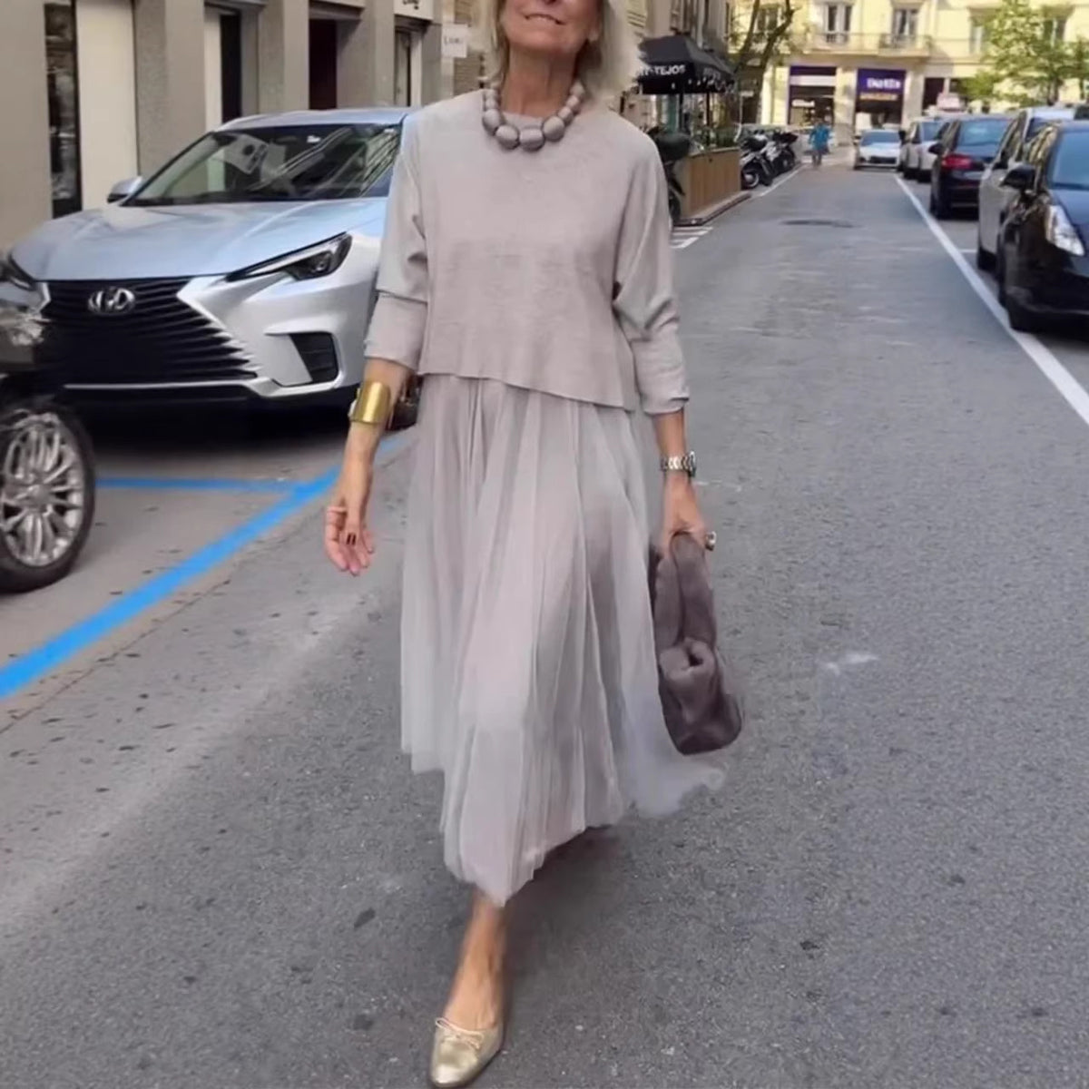 Womens French-Style Retro Elegant Casual Patchwork Solid-Colored Mesh Dress