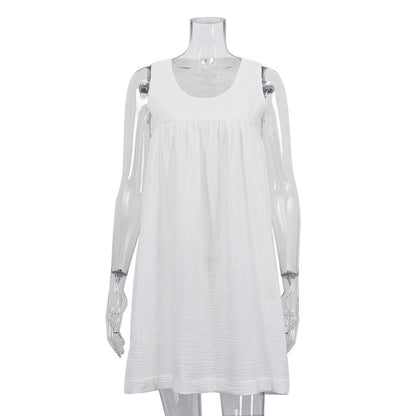 Casual White Tank Dress Cotton Crinkle Fabric Sleeveless & Loose-fitting Dress