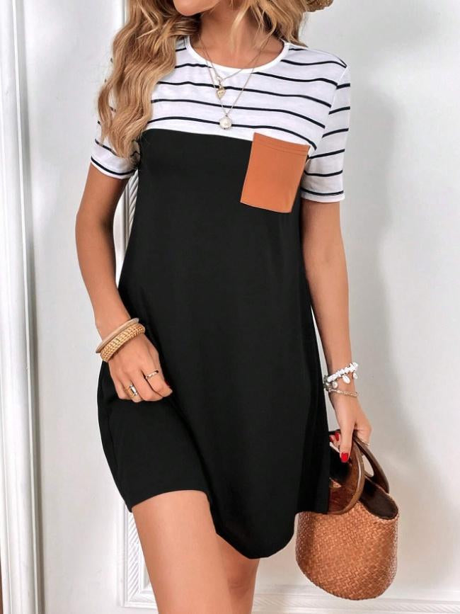 New Womens Summer Casual Crew Neck Short Sleeve Striped Dress