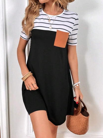 New Womens Summer Casual Crew Neck Short Sleeve Striped Dress