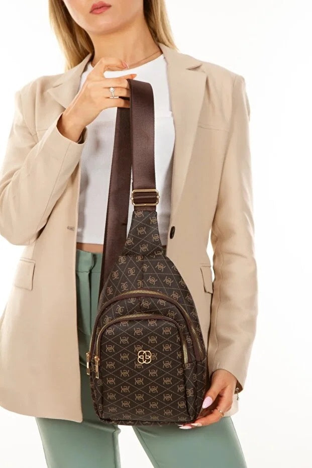 Women Brown Leather Monogram Crossbody Shoulder Bag