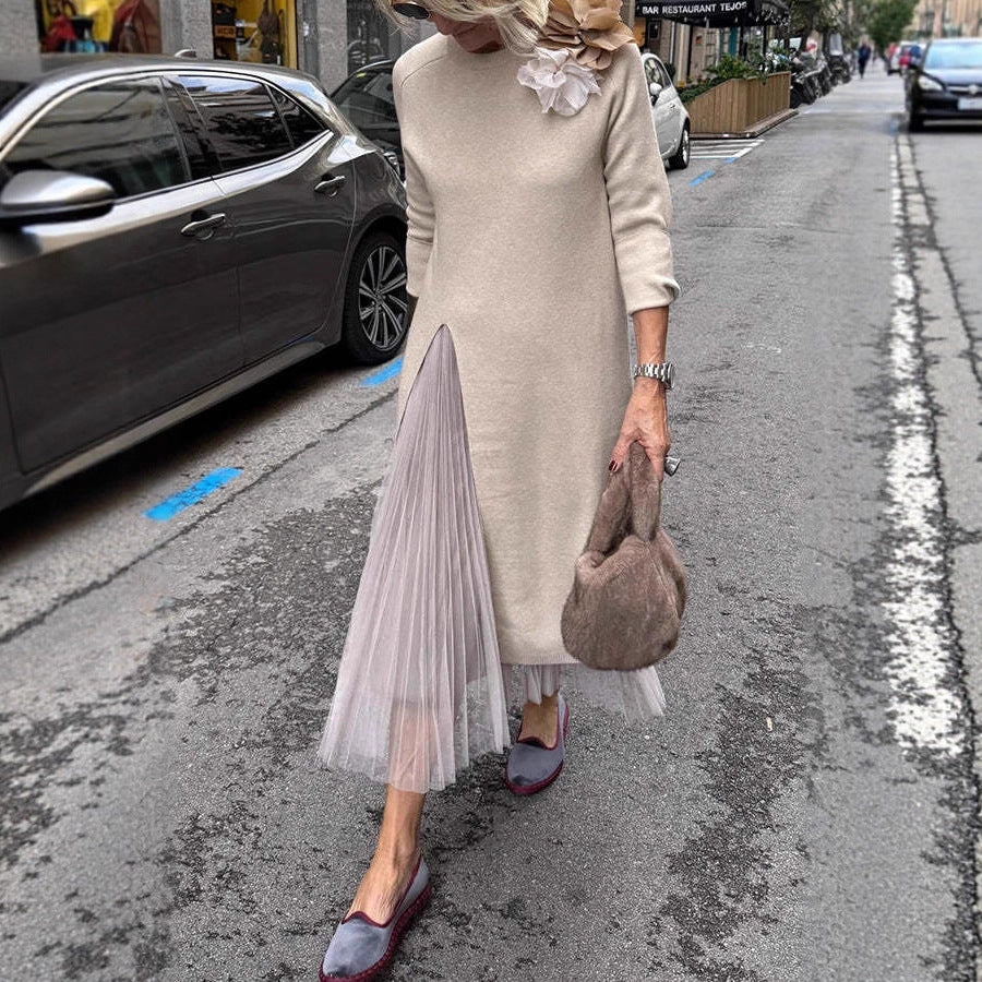 Womens Casual Knitted V-Neck Split-Joint Mesh Dress