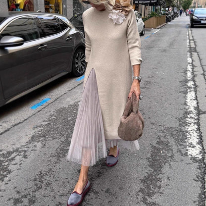 Womens Casual Knitted V-Neck Split-Joint Mesh Dress