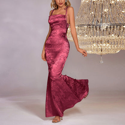 Womens Sexy Backless Jacquard Lace-Up Maxi Dress