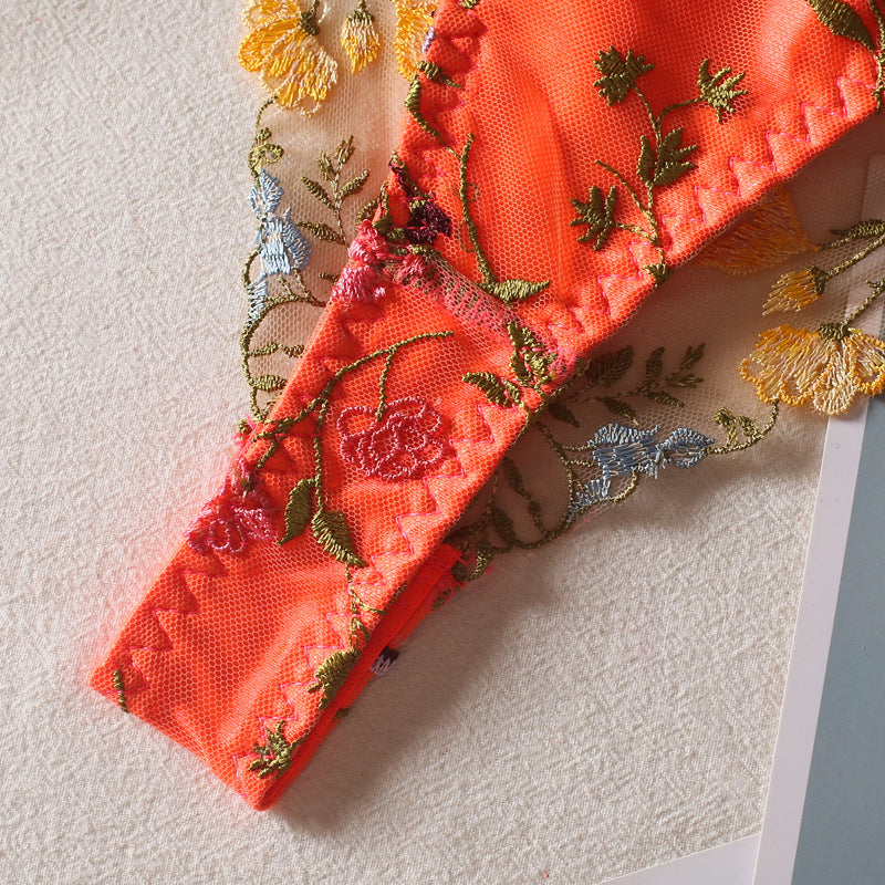 Flowers See-through Embroidered Ribbon Steel Ring Underwear Suit