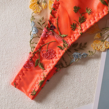 Flowers See-through Embroidered Ribbon Steel Ring Underwear Suit