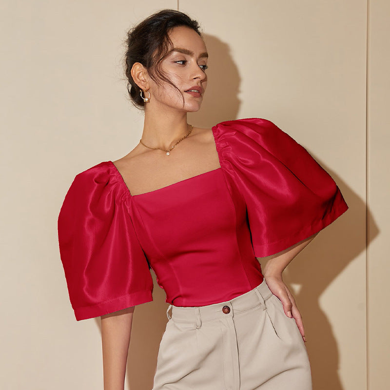 Women's Retro Lantern Sleeve Square Collar Elegant Top
