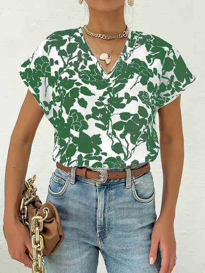 European And American Fashion V-neck Short Sleeve Printed Top