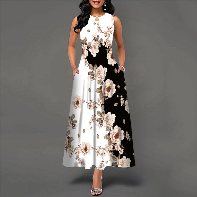 Womens Printed Crew-Neck Sleeveless Tank Dress