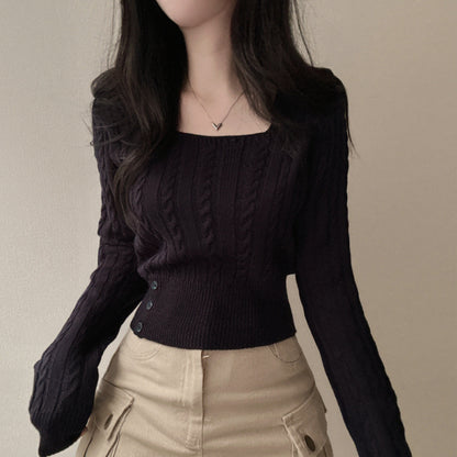 Retro Twist Knitted Sweater Single Row Button Square Collar Solid Color Underwear Top