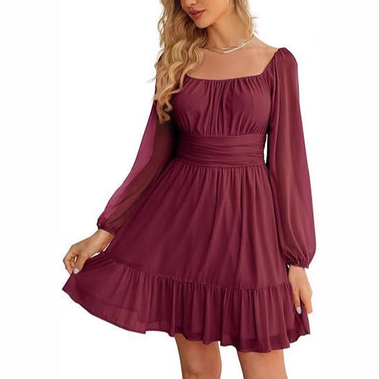 European And American Womens Mesh Long-Sleeve Square-Neck Dress
