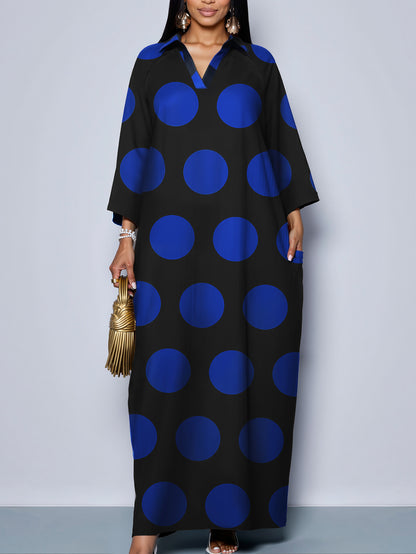 Casual, Chic Polka-dot Print Loose-fitting Dress With Batwing Sleeves For Women