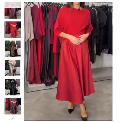 Elegant Simple Solid-color Dress With A Round Neck And Three-quarter-length Sleeves