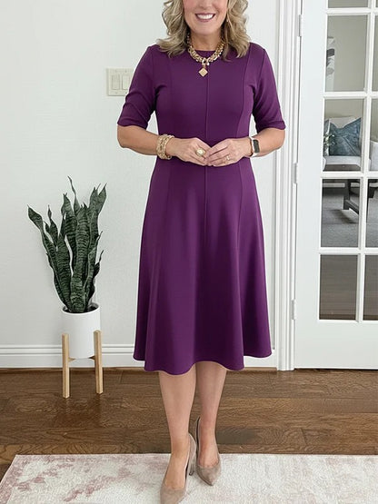 Womens Solid-Color Crew-Neck Short-Sleeve Dress