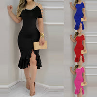Womens Ruffled-Edge Slit Dress With Pearl Embellishments