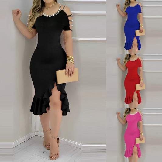Womens Ruffled-Edge Slit Dress With Pearl Embellishments