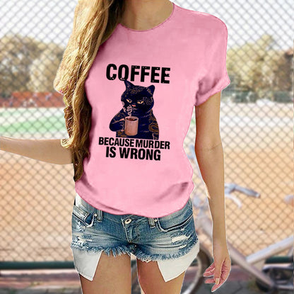 Cat Cute Print T-shirt Round Neck Short Sleeve Top