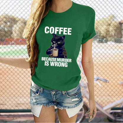 Cat Cute Print T-shirt Round Neck Short Sleeve Top