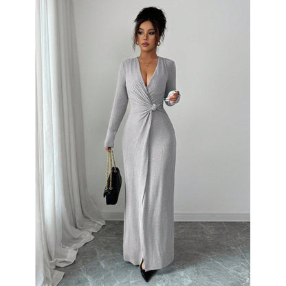 Elegant V-neck Knitted Twist Wrap Bodycon Dress For Women