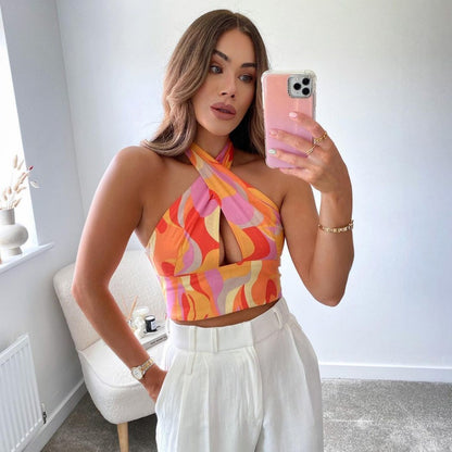 Halterneck Printed Linen Short Top