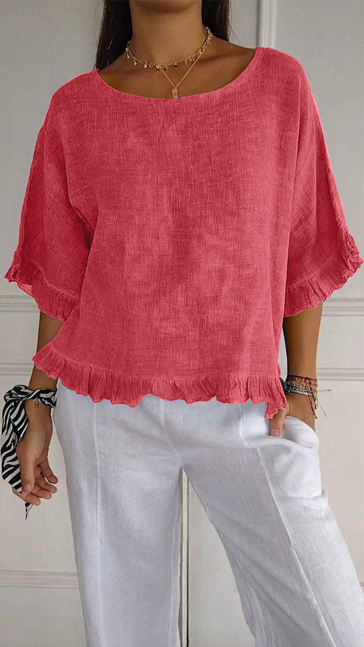 Pure Color Ruffles T-shirt Female Casual Short-sleeved Top