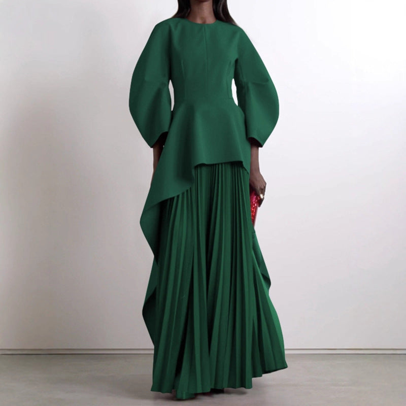 Pleated Solid-color Patchwork Layered Long-sleeve Loose Crew-neck Maxi Dress