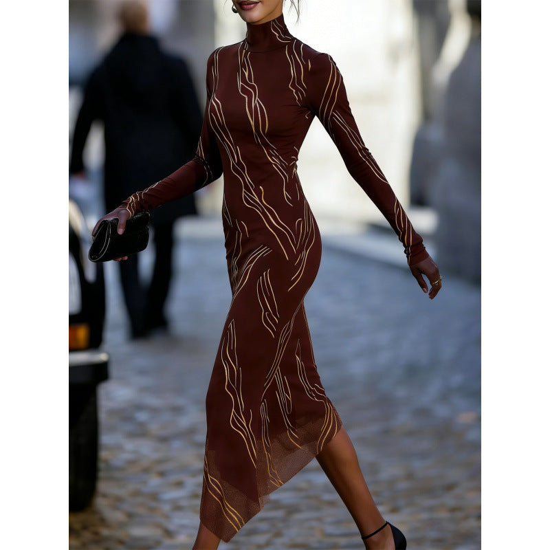Womens Slim-fit Long-sleeve Dress With A Mock Turtleneck