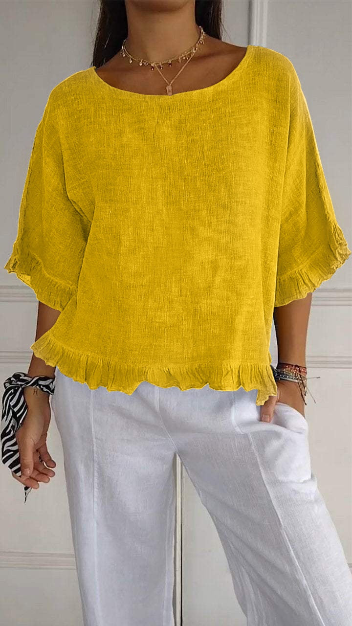 Pure Color Ruffles T-shirt Female Casual Short-sleeved Top