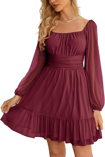 European And American Womens Mesh Long-Sleeve Square-Neck Dress