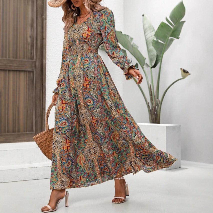 New Floral-print V-neck Long-sleeve Swing Maxi Dress