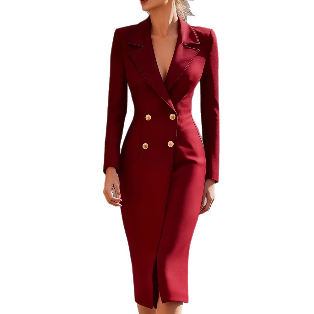 Form-fitting Double-breasted Workwear Suit Dress With A Slit
