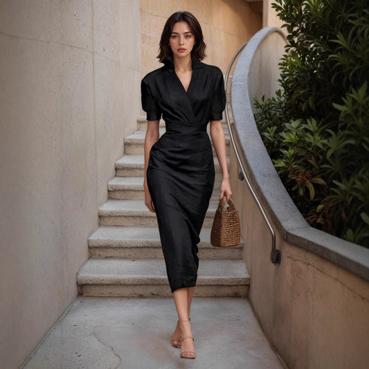 Elegant Solid-color Short-sleeved Belted A-line Dress In A Classic French Style