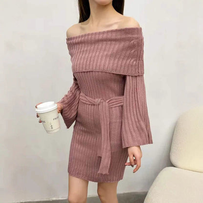 French-style Off-the-shoulder Ribbed Knit Dress