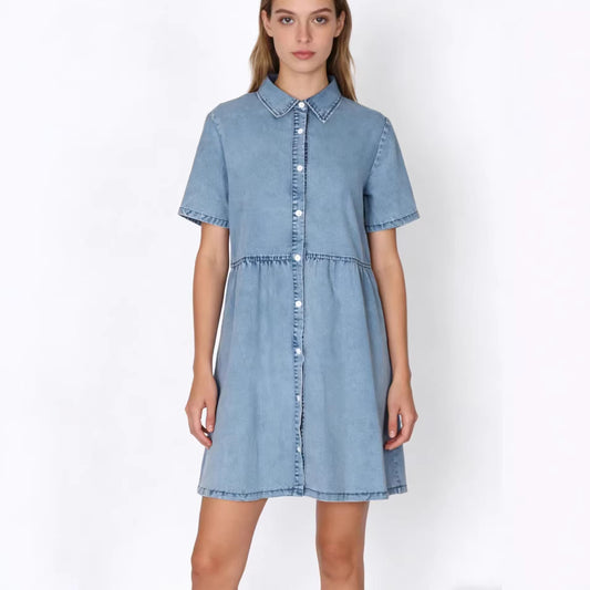 Womens Washed Mid-Waist Lapel Short-Sleeve Dress