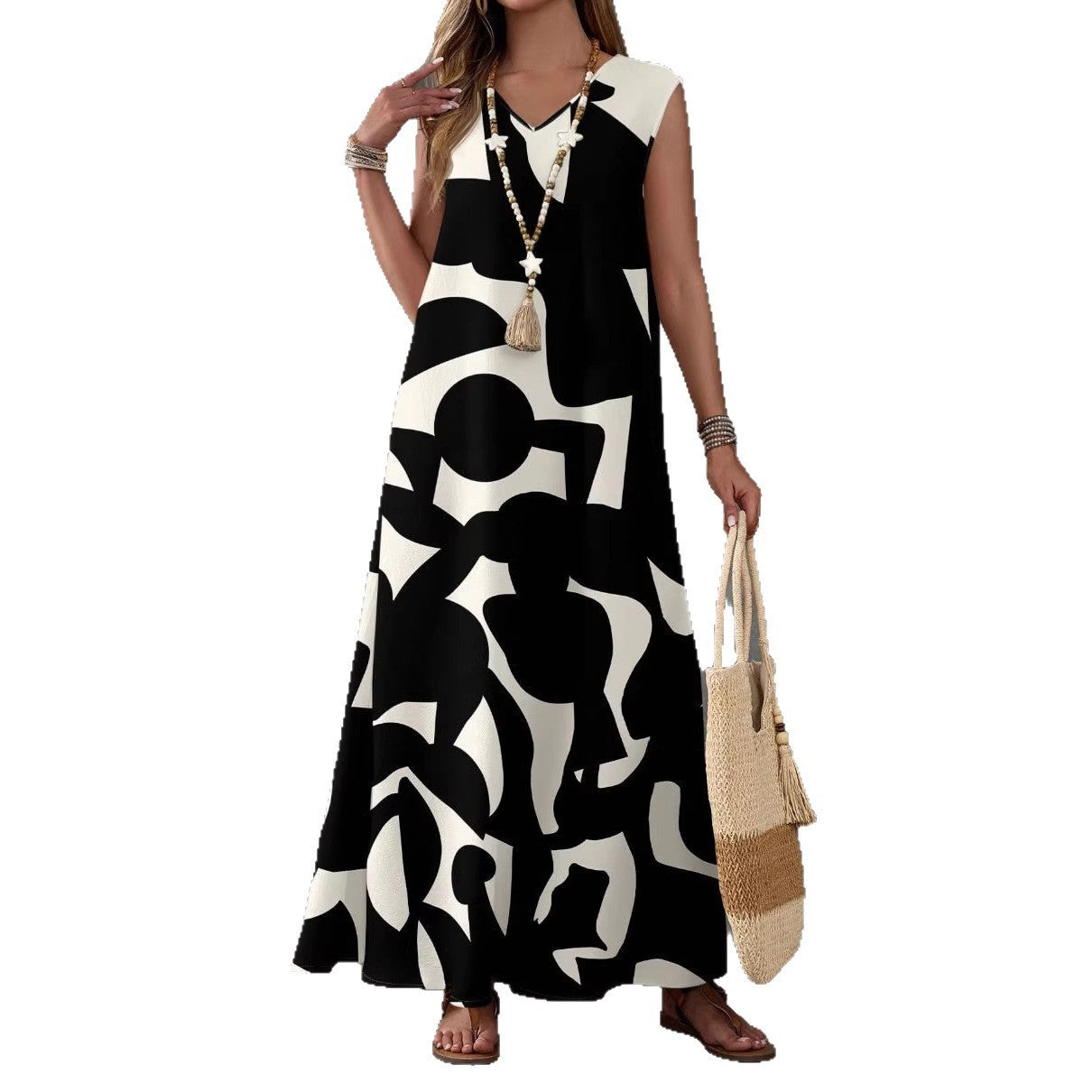 Womens V Neck Printed Maxi Dress Loose Fitting Dress