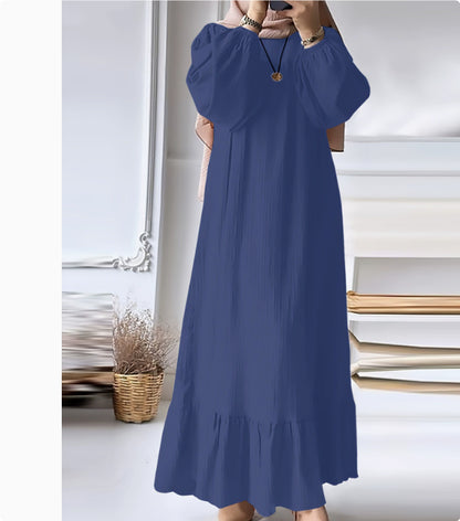 Fashion Solid Color Round Neck Ruffled Long Sleeve Dress