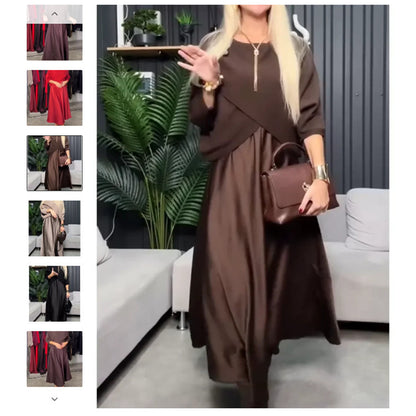 Elegant Simple Solid-color Dress With A Round Neck And Three-quarter-length Sleeves