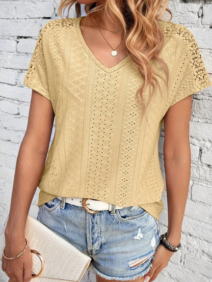 Women's Solid Color And V-neck Top Hollow Mesh Short Sleeve