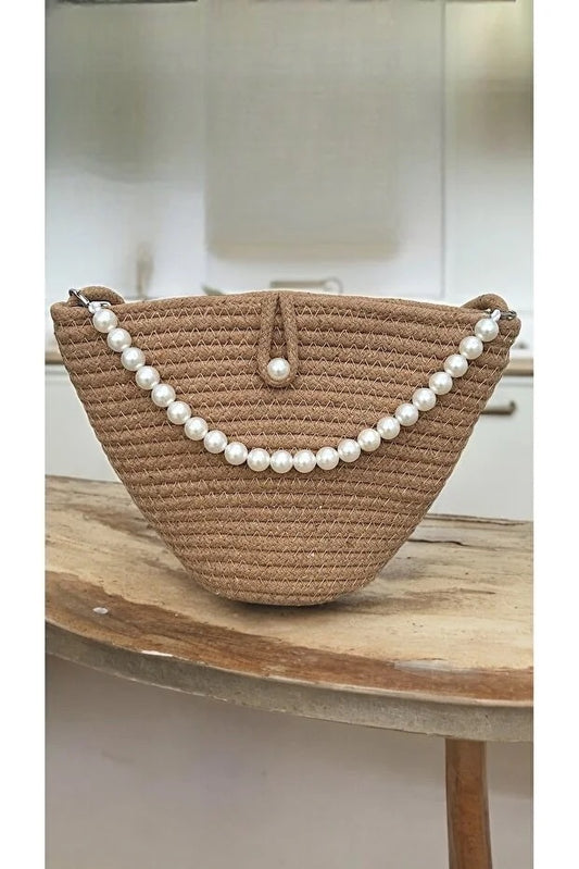 Women Dark Brown Pearl Design Classic Shoulder Bag